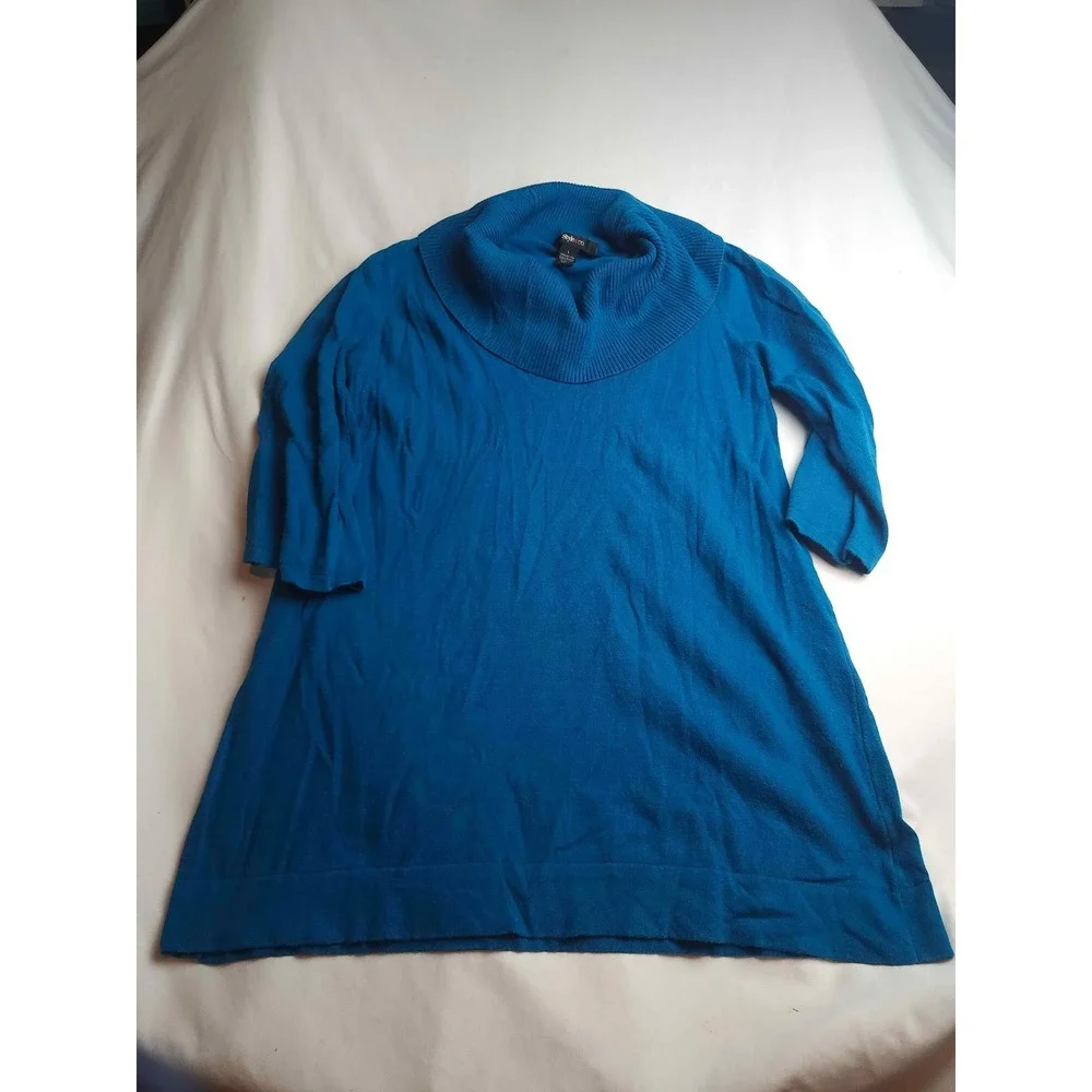 Style & Co Womens Blue Cowl Neck 3/4 Sleeve Tunic Sweater Large Cotton Blend